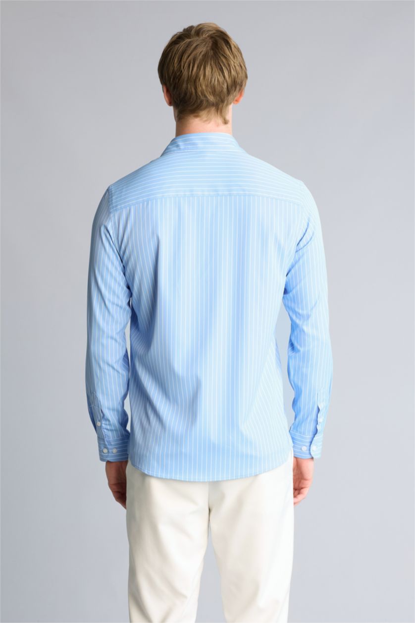 Erkek Mavi Slım Fıt Çizgili Poplin Gömlek