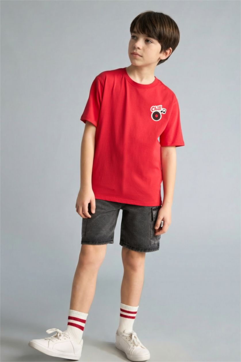 Boys & Teens Red تيشيرت ولادي نص ردن مطبوع قصة عادية برقبة مستديرة