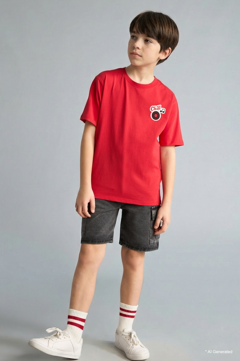 Young Boys - Teen Boys Red Boy New Regular Fit Printed Short Sleeve T-Shirt