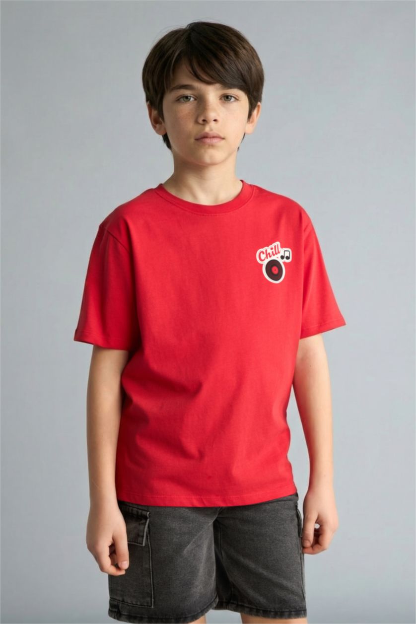 Boys & Teens Red تيشيرت ولادي نص ردن مطبوع قصة عادية برقبة مستديرة