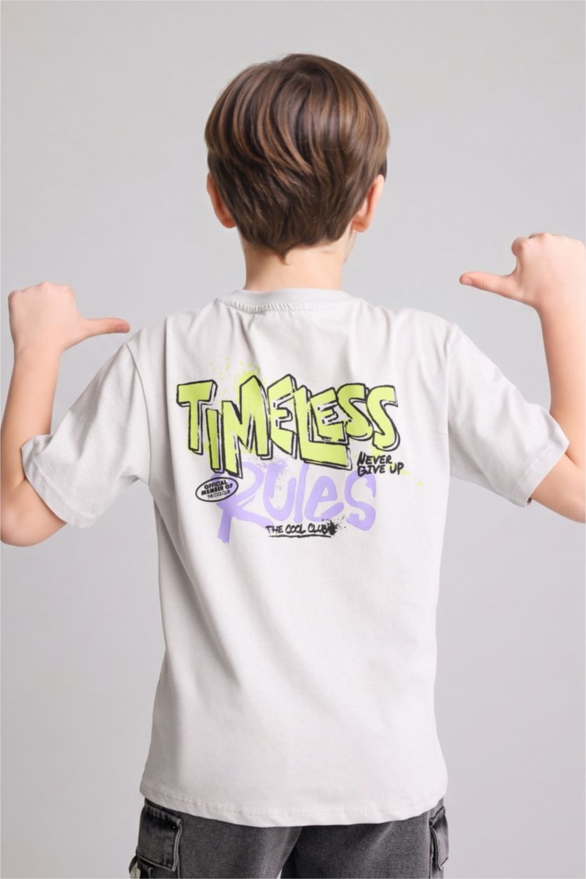 Boys & Teens Light Grey تيشيرت ولادي نص ردن مطبوع قصة عادية