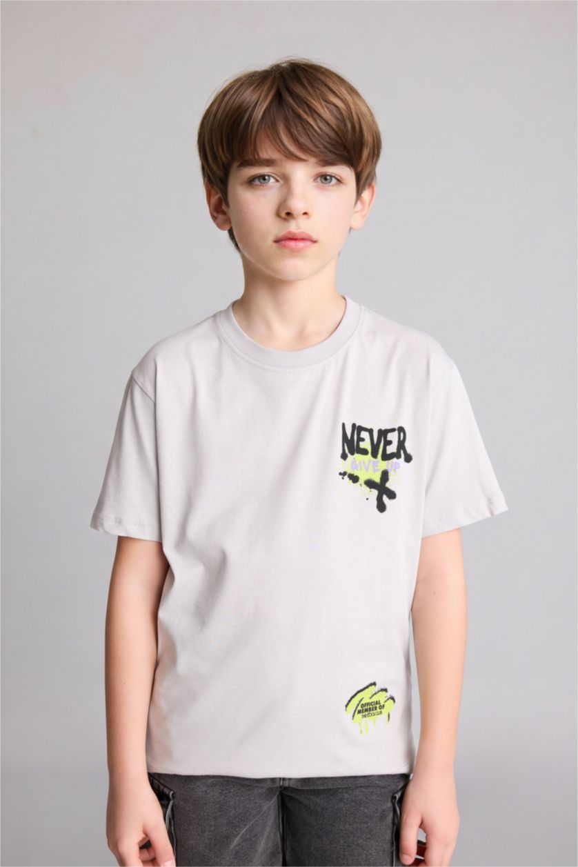 Boys & Teens Light Grey تيشيرت ولادي نص ردن مطبوع قصة عادية