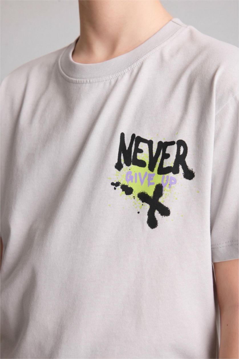Boys & Teens Light Grey تيشيرت ولادي نص ردن مطبوع قصة عادية