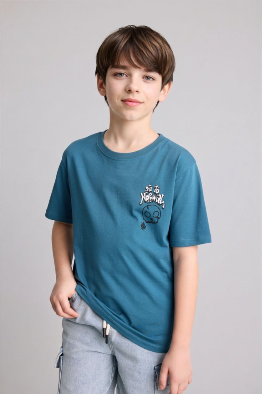 Boys & Teens Indigo تيشيرت ولادي نص ردن مطبوع قصة عادية