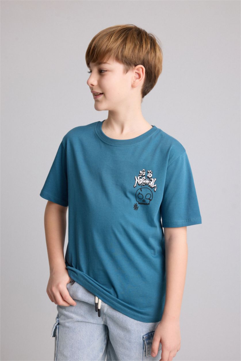 Young Boys - Teen Boys Indigo New Regular Fit Printed Short Sleeve T-Shirt