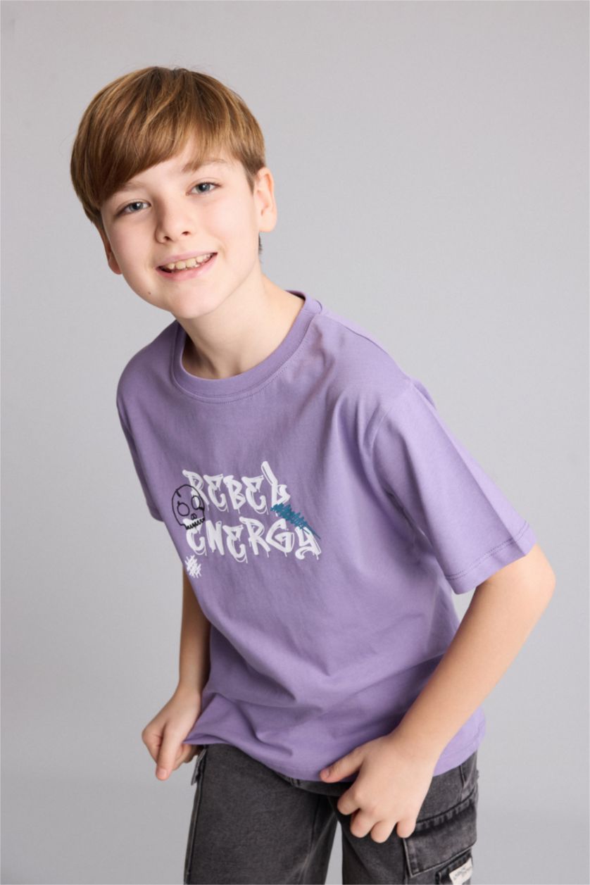 Young Boys - Teen Boys Purple New Regular Fit Printed Short Sleeve T-Shirt