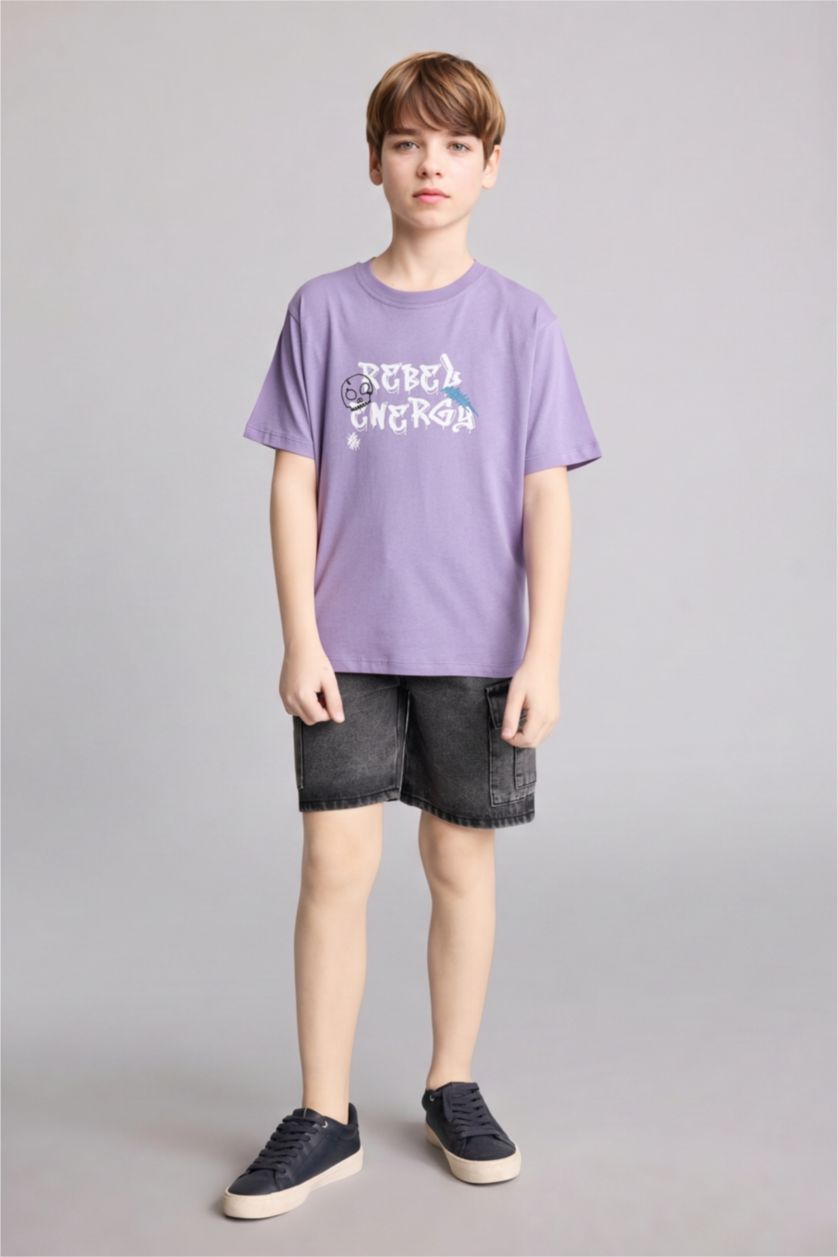 Boys & Teens Purple تيشيرت ولادي نص ردن مطبوع قصة عادية
