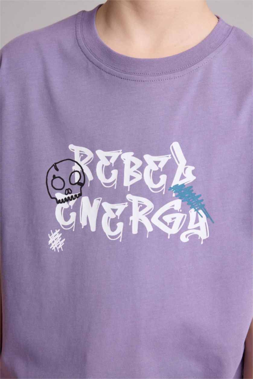 Young Boys - Teen Boys Purple New Regular Fit Printed Short Sleeve T-Shirt