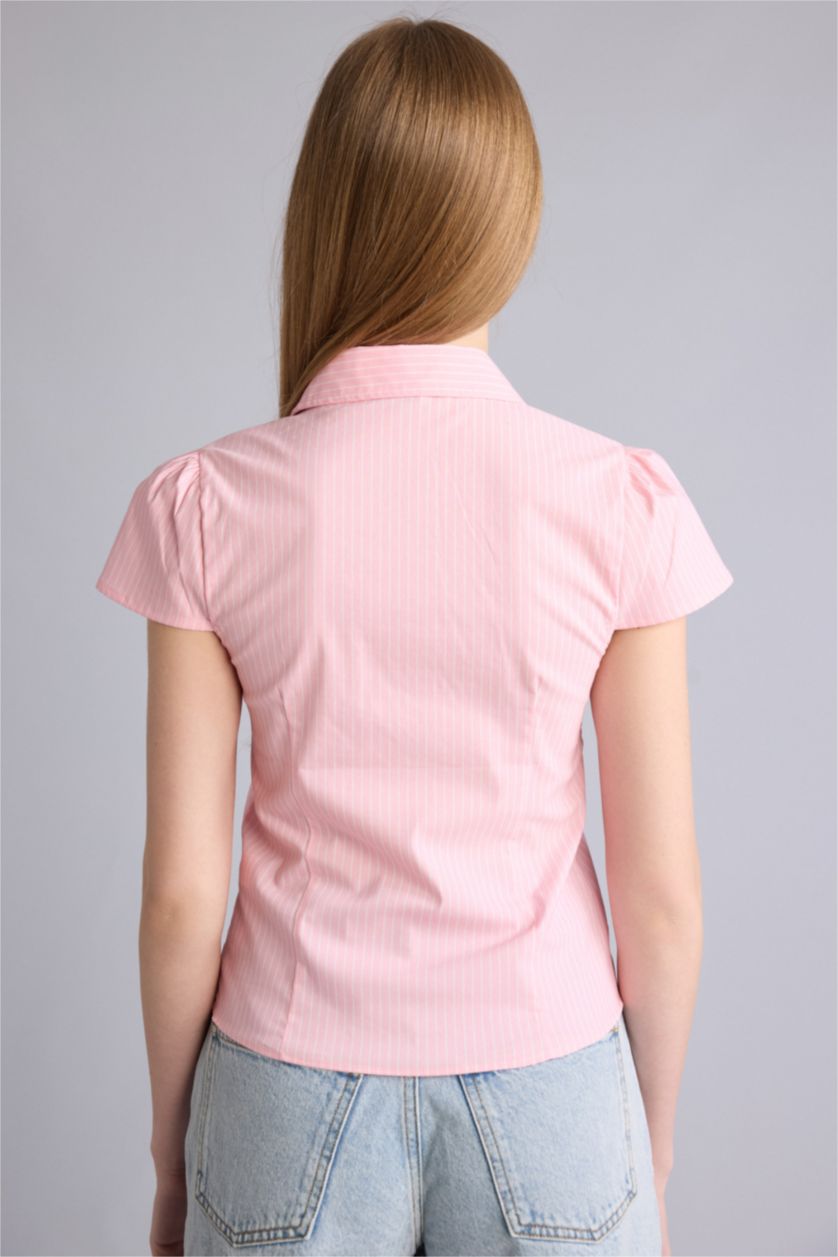 Kadın Pembe Fıtted Gömlek Yaka Bengalin Kısa Kollu Gömlek