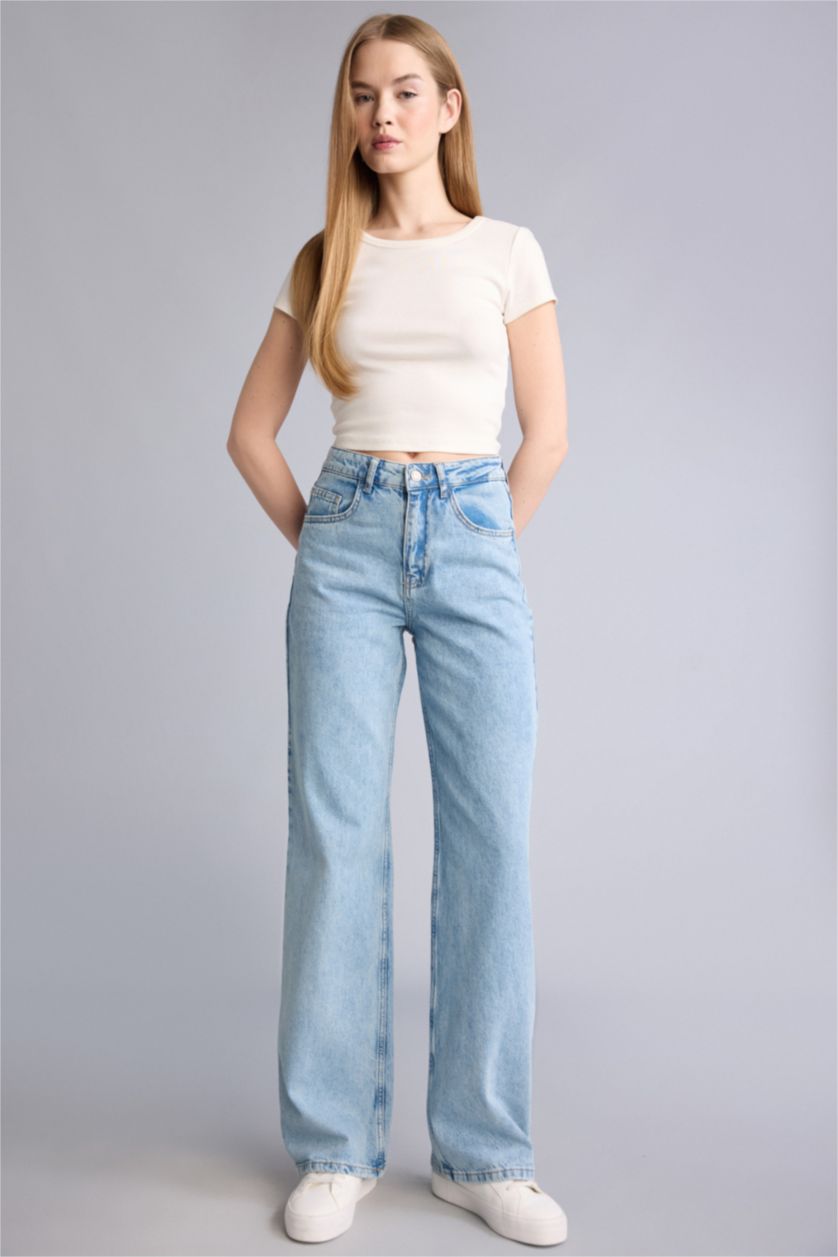 Kadın Açık Mavi Straıght Wıde Yüksek Bel Jean Yıkamalı Pantolon