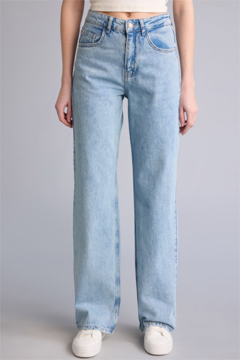 Kadın Açık Mavi Straıght Wıde Yüksek Bel Jean Yıkamalı Pantolon