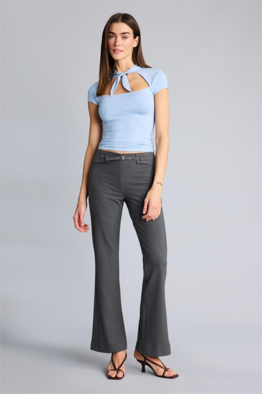 Woman Anthracite Straight Fit Zipper Striped Trousers