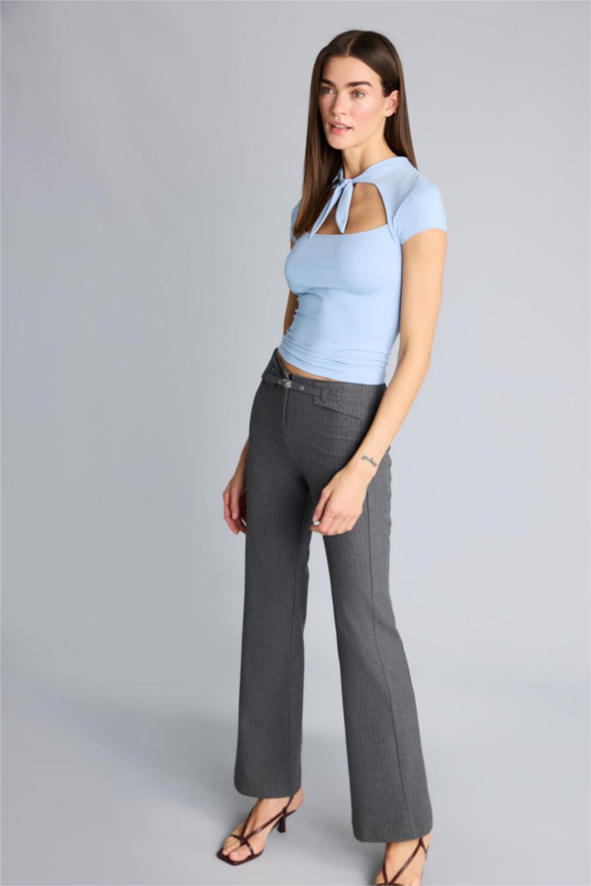 Woman Anthracite Straight Fit Zipper Striped Trousers