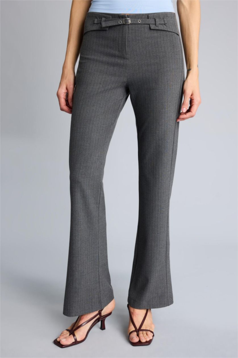 Woman Anthracite Straight Fit Zipper Striped Trousers