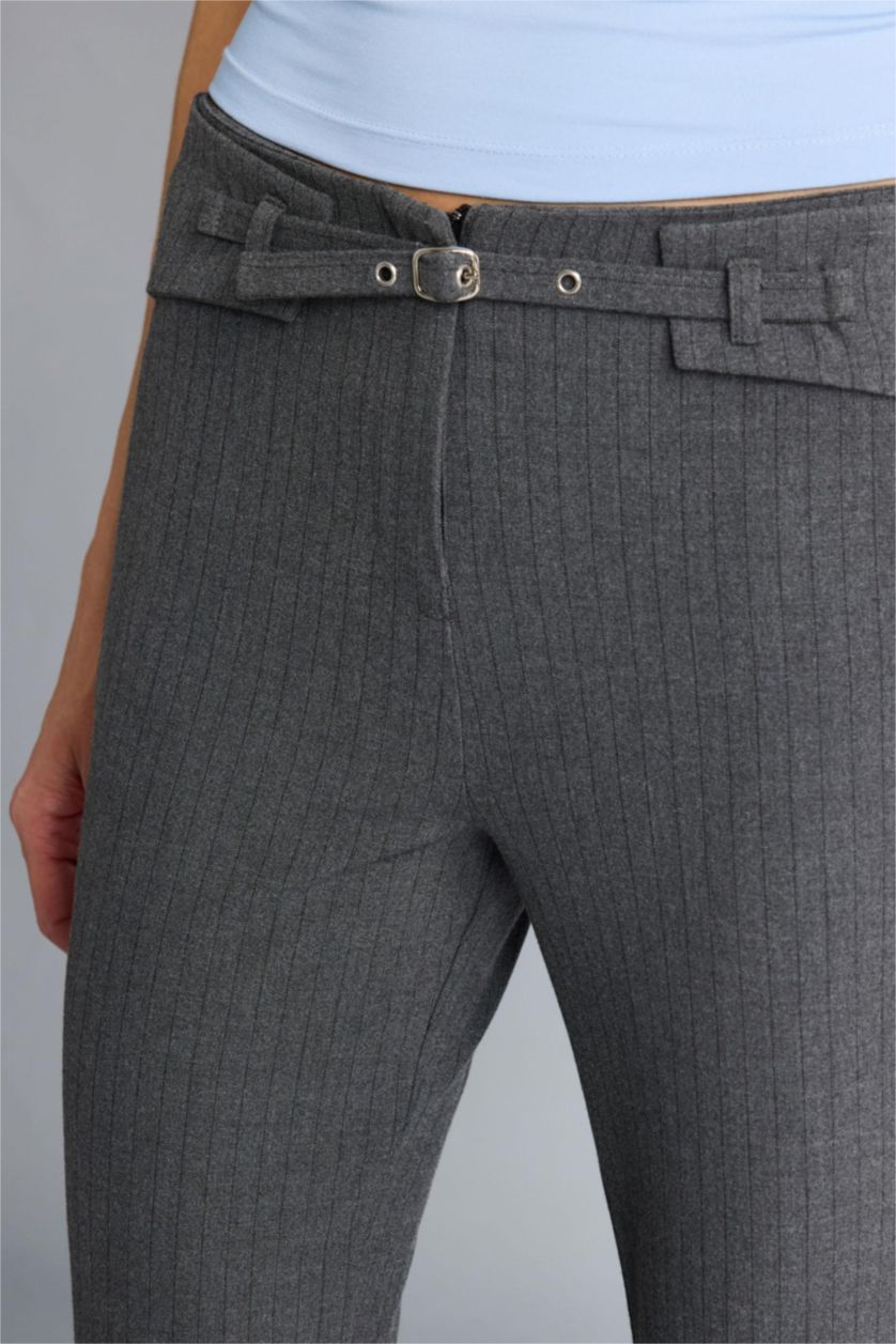 Woman Anthracite Straight Fit Zipper Striped Trousers