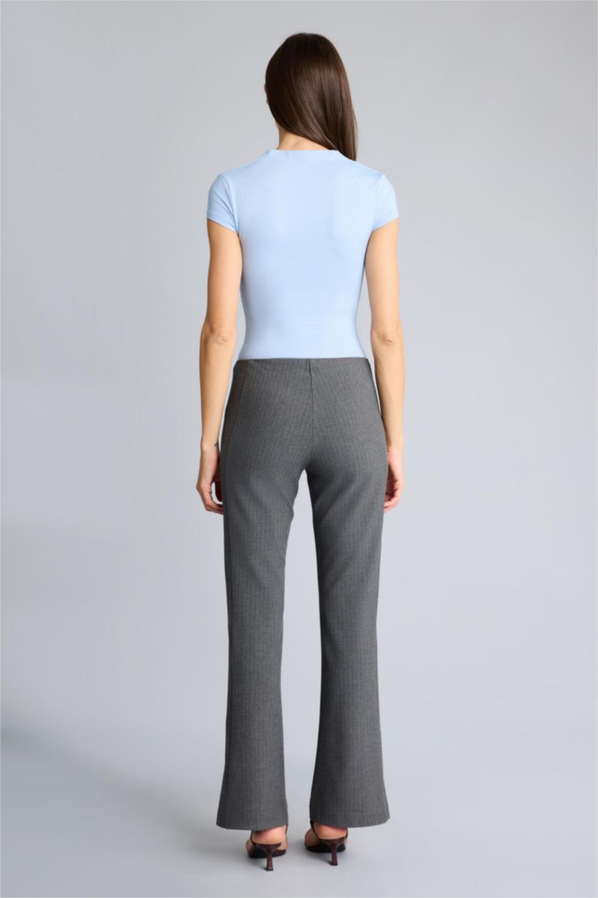 Woman Anthracite Straight Fit Zipper Striped Trousers