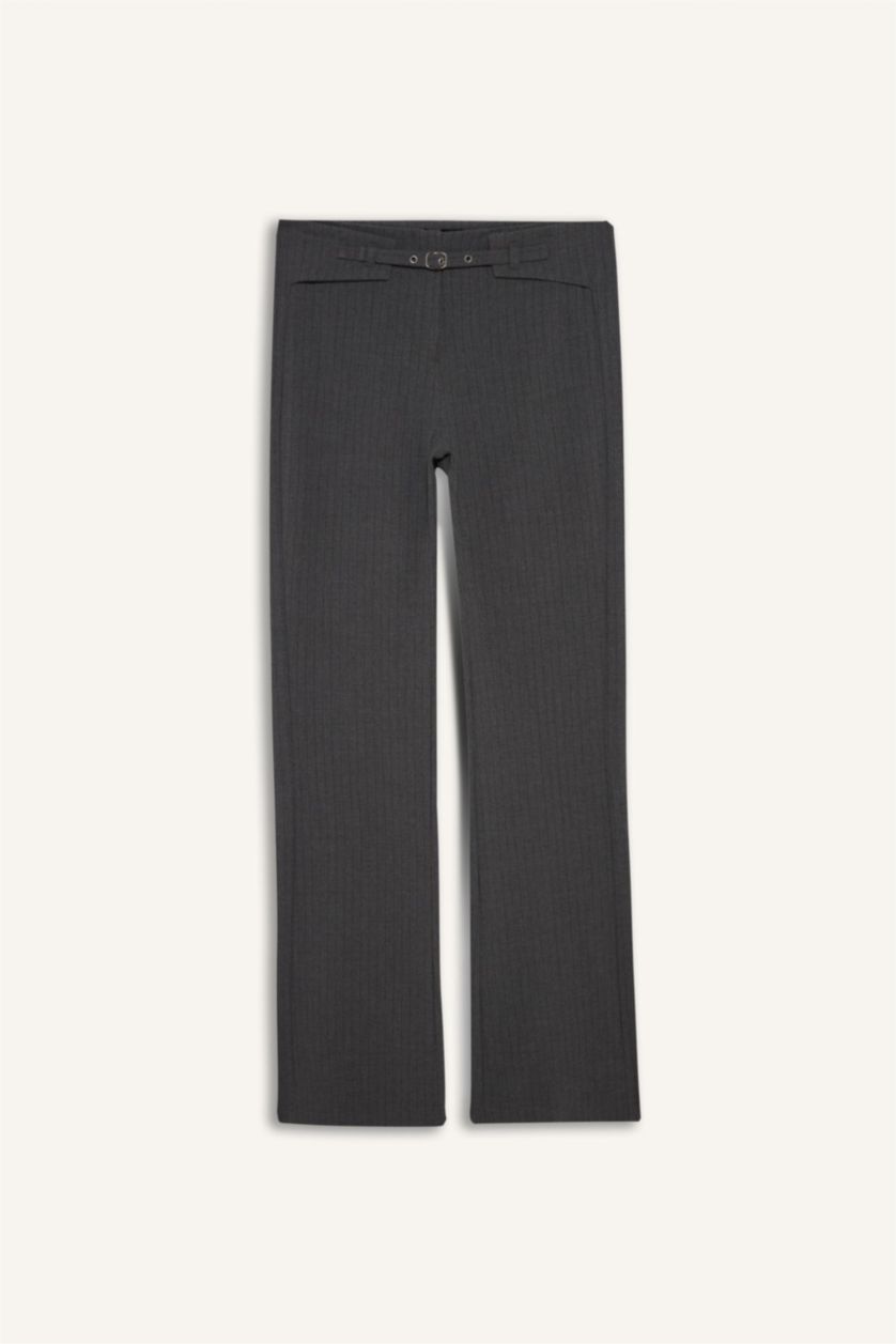 Woman Anthracite Straight Fit Zipper Striped Trousers