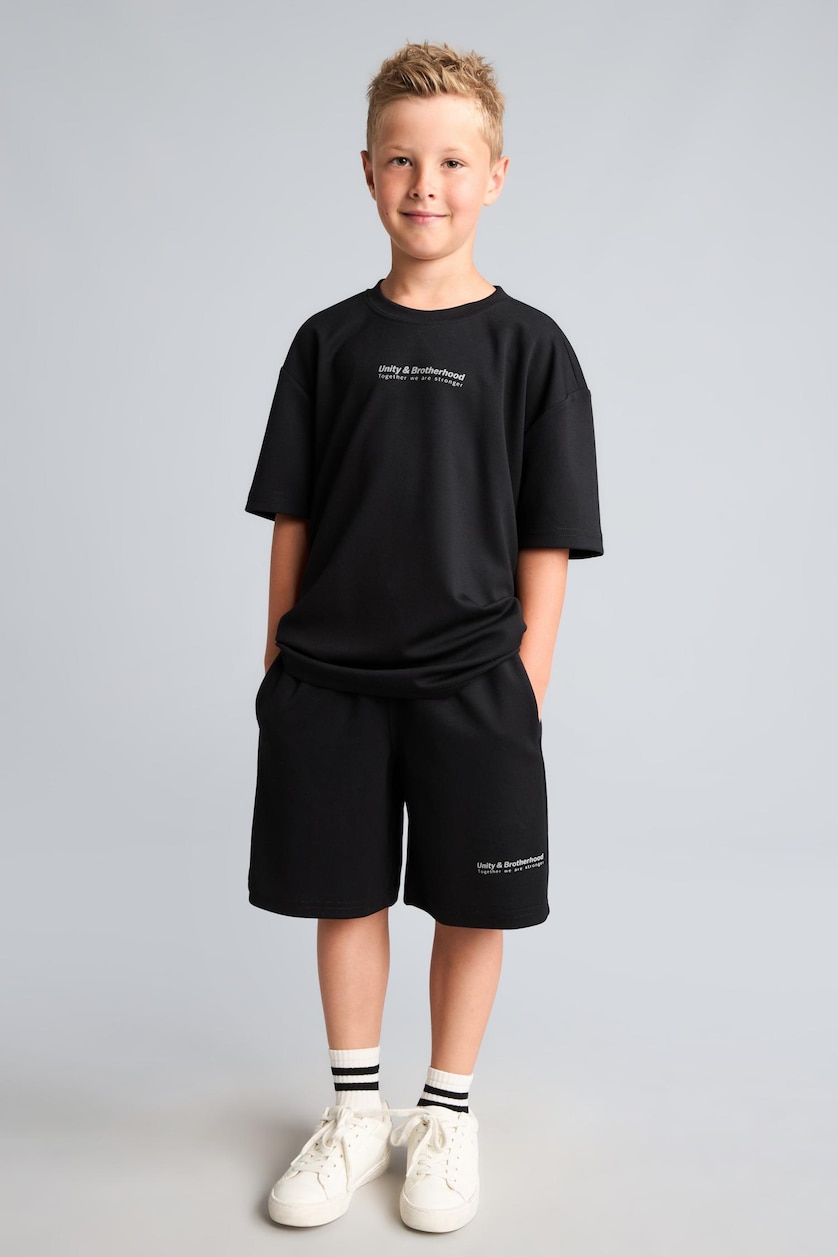 Erkek Çocuk - Genç Erkek Siyah Oversize Cepli Baskılı Şort Erkek Çocuk