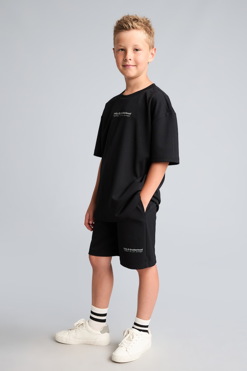 Erkek Çocuk - Genç Erkek Siyah Oversize Cepli Baskılı Şort Erkek Çocuk