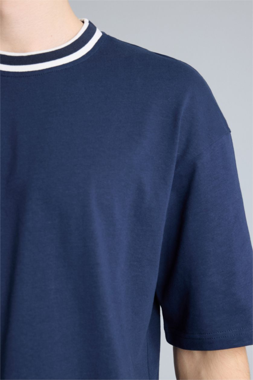 Erkek Lacivert Boxy Fıt Kısa Kollu Tişört