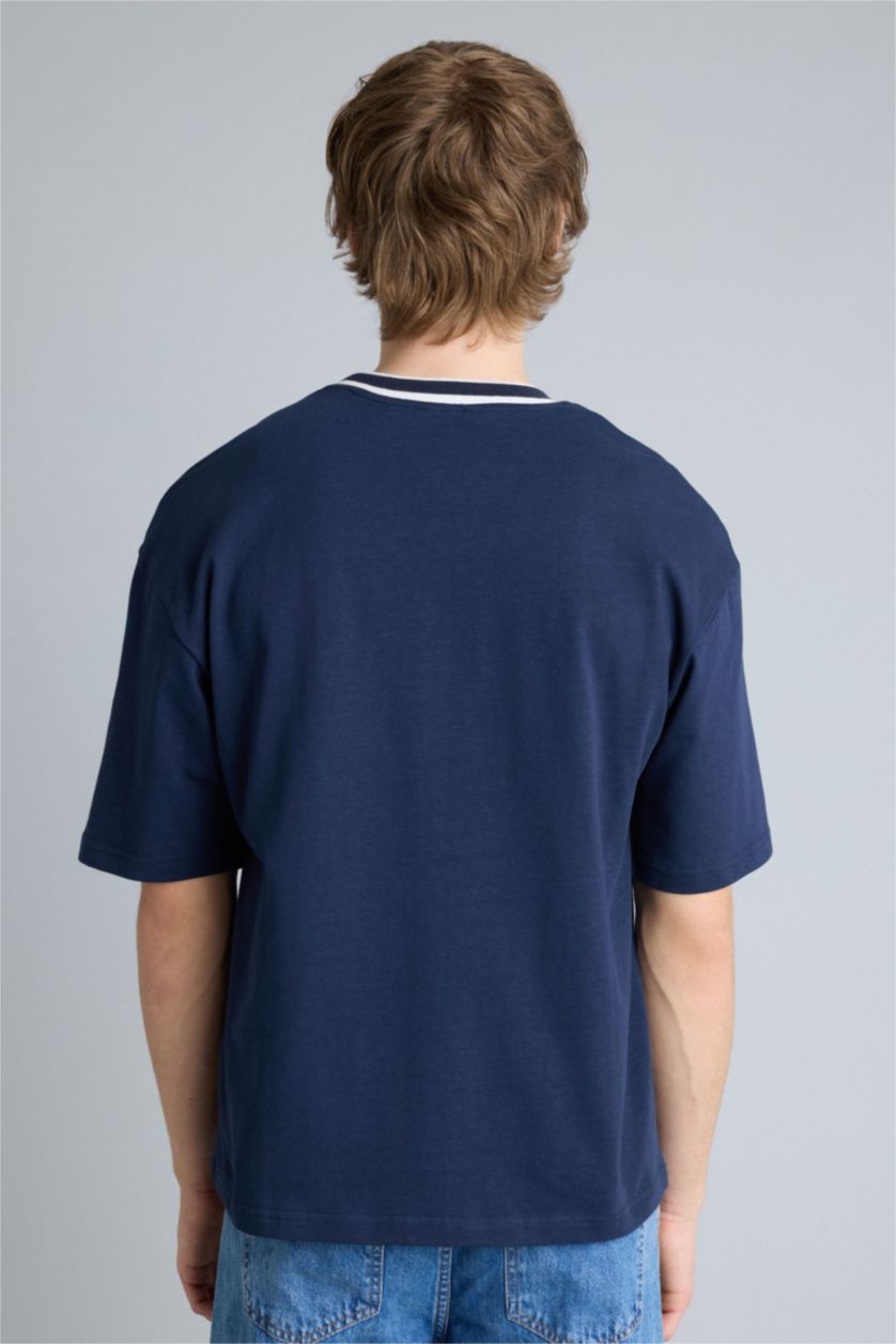 Erkek Lacivert Boxy Fıt Kısa Kollu Tişört