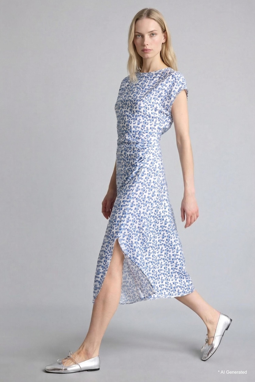 WOMAN Light Blue Regular Fit Crew Neck Printed Batwing Dress