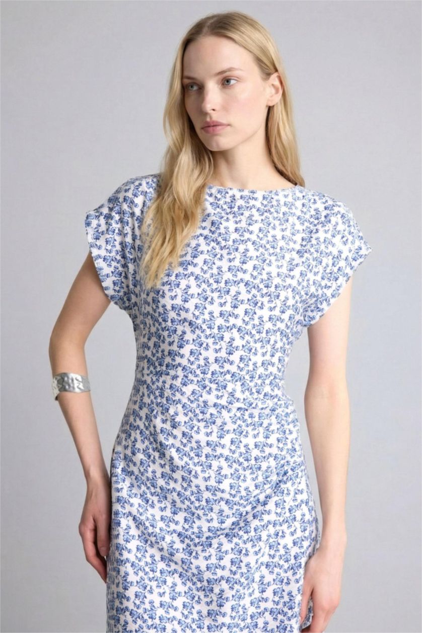 WOMAN Light Blue Regular Fit Crew Neck Printed Batwing Dress