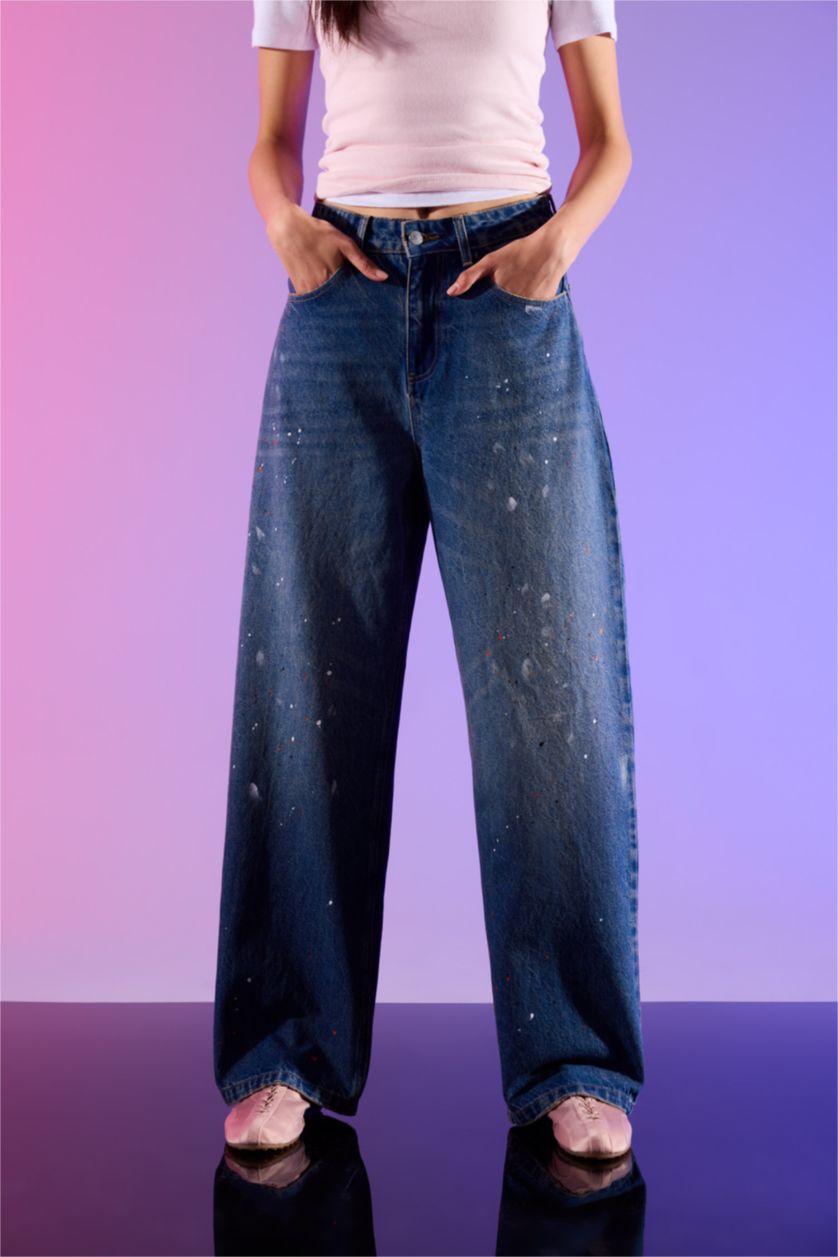 Kadın Mavi Desenli Jean Pantolon