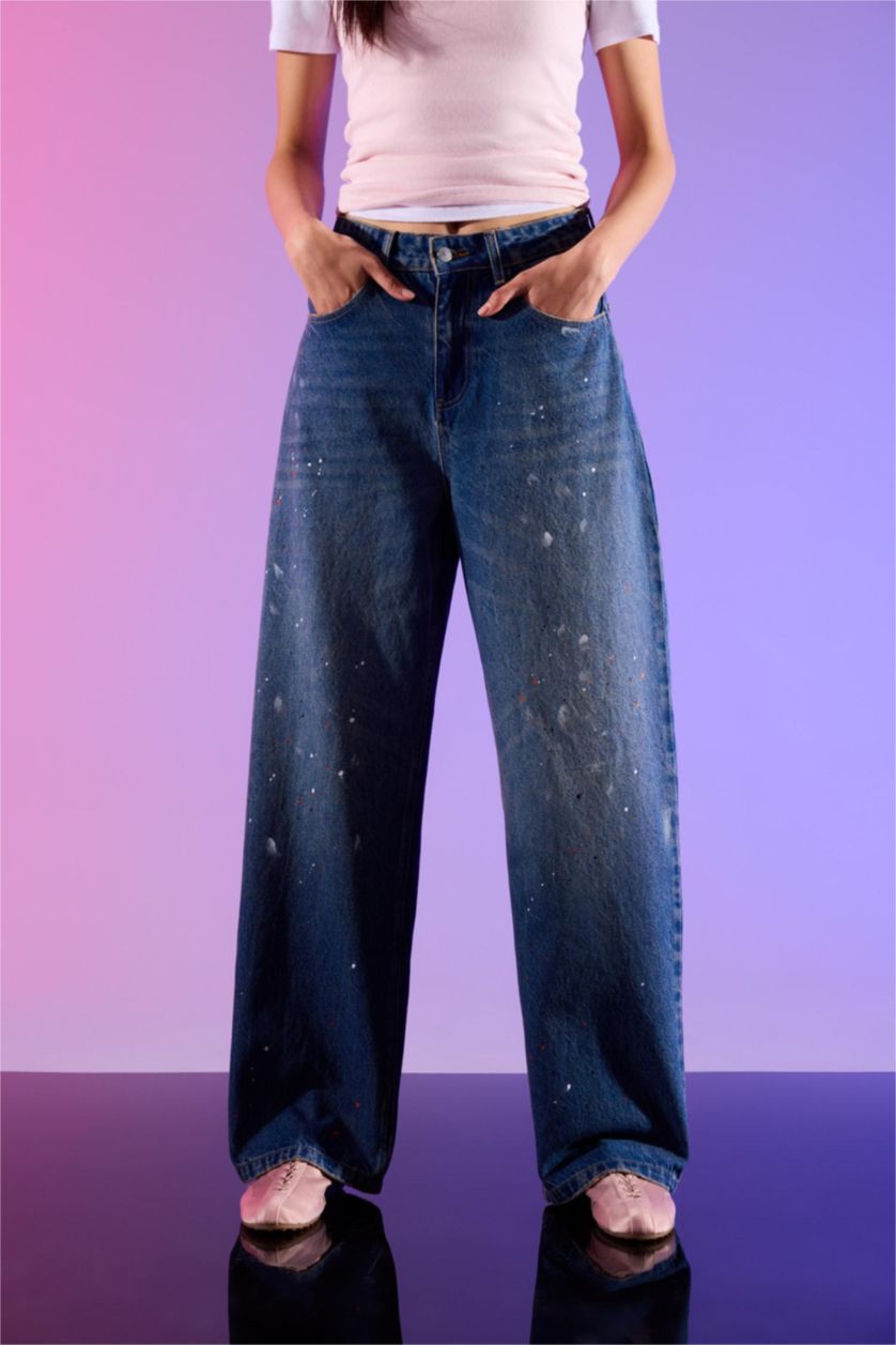 نساء أزرق بنطرون جينز منقوش