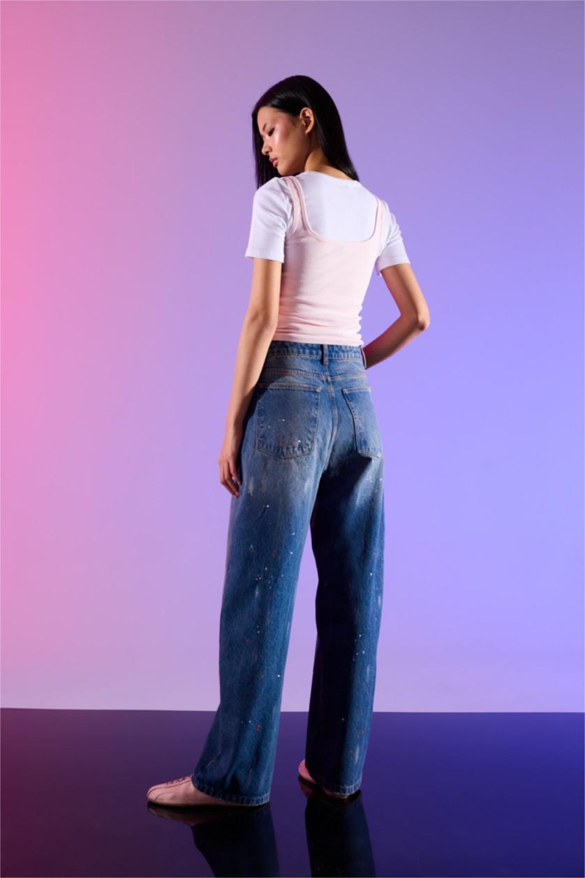 نساء أزرق بنطرون جينز منقوش