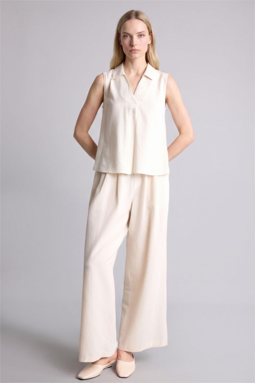 Kadın Bej Regular Fit Kısa kollu Keten Karışımlı Gömlek