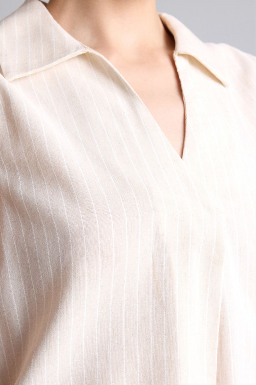 Kadın Bej Regular Fit Kısa kollu Keten Karışımlı Gömlek