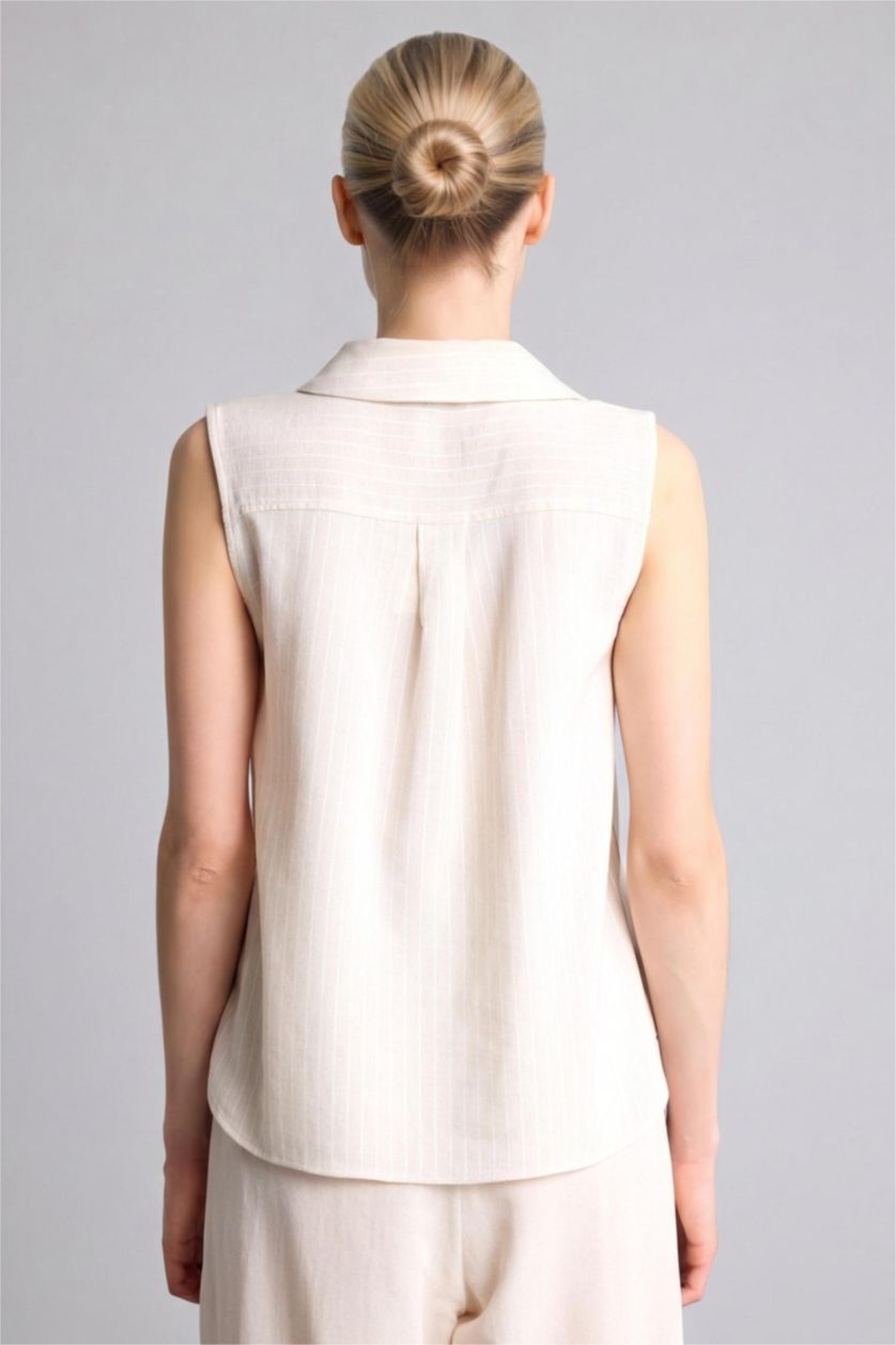 WOMAN Beige Regular Fit Shirt Collar Short Sleeve Blouse