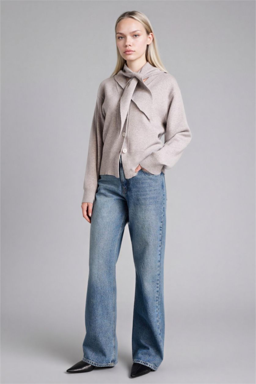 Woman Grey Regular Fit Knitwear Cardigan