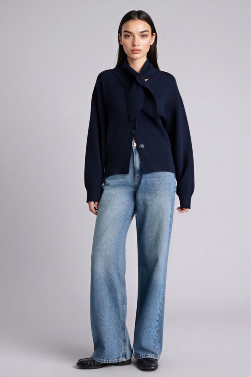 Kadın Lacivert Regular Fıt Triko Hırka