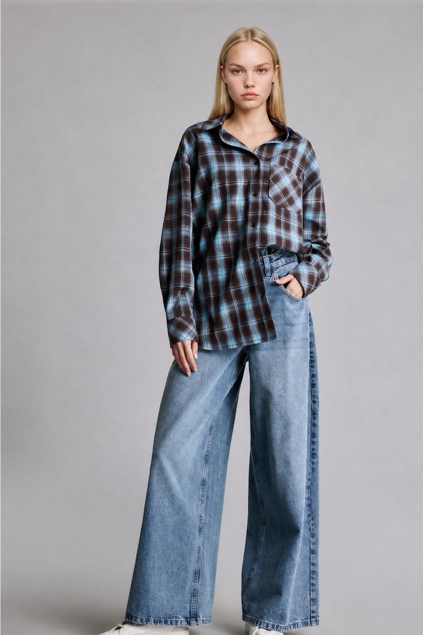 WOMAN Light Blue Oversize Shirt Collar Checkered Pattern Flannel Shirt