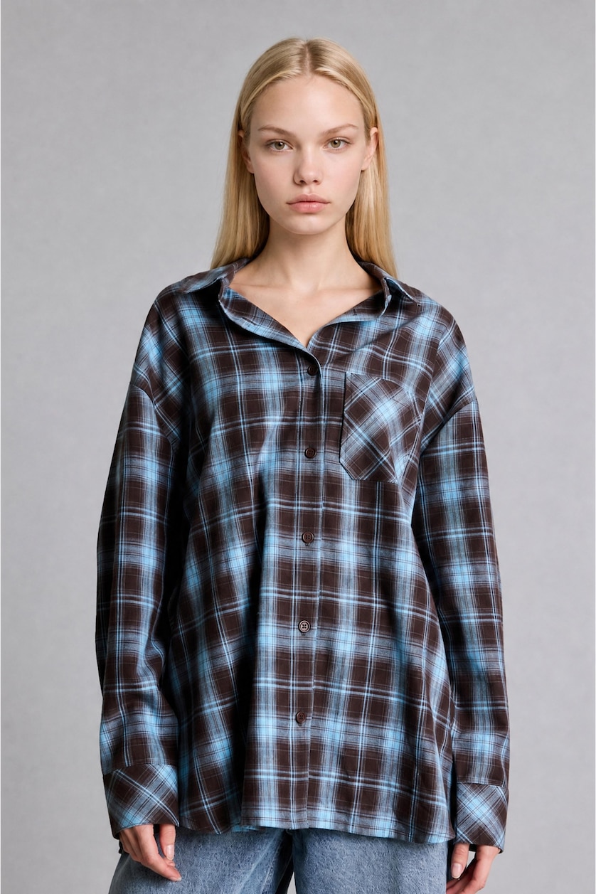 WOMAN Light Blue Oversize Shirt Collar Checkered Pattern Flannel Shirt