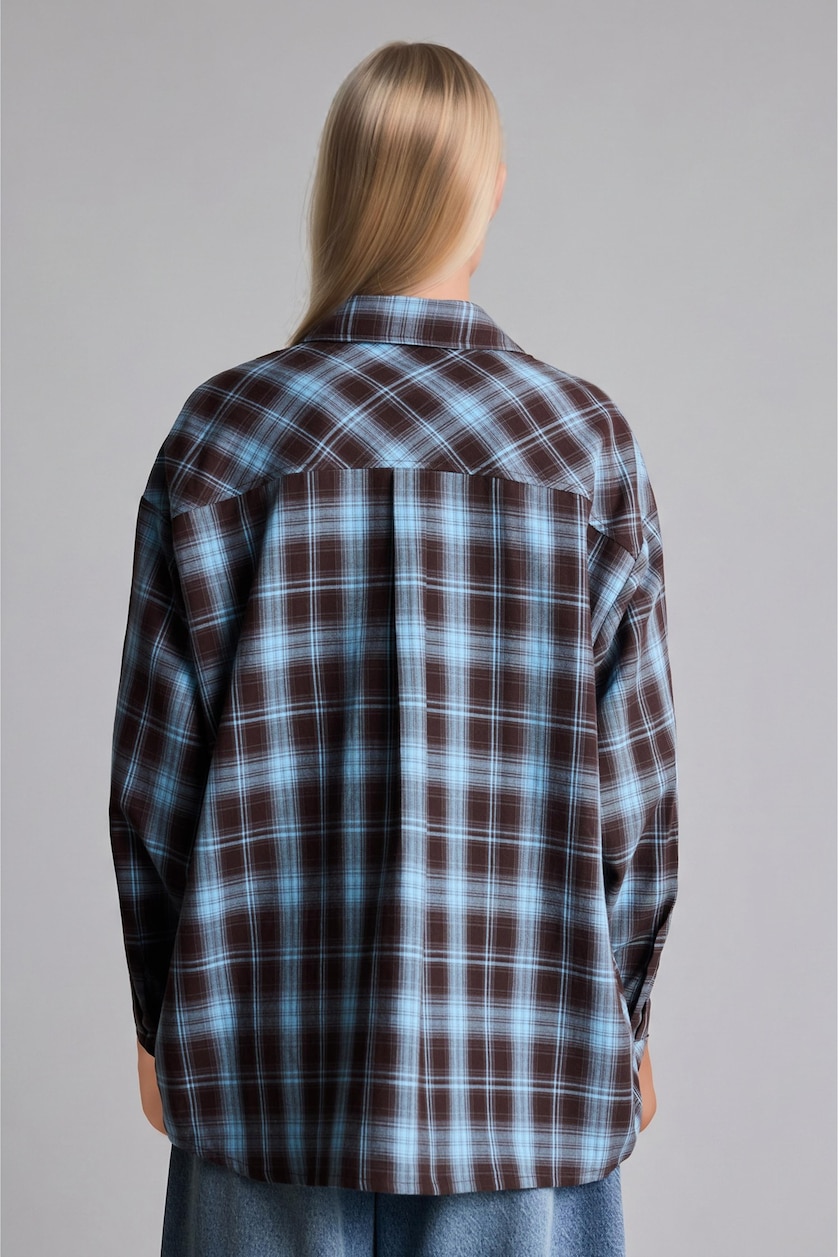 WOMAN Light Blue Oversize Shirt Collar Checkered Pattern Flannel Shirt