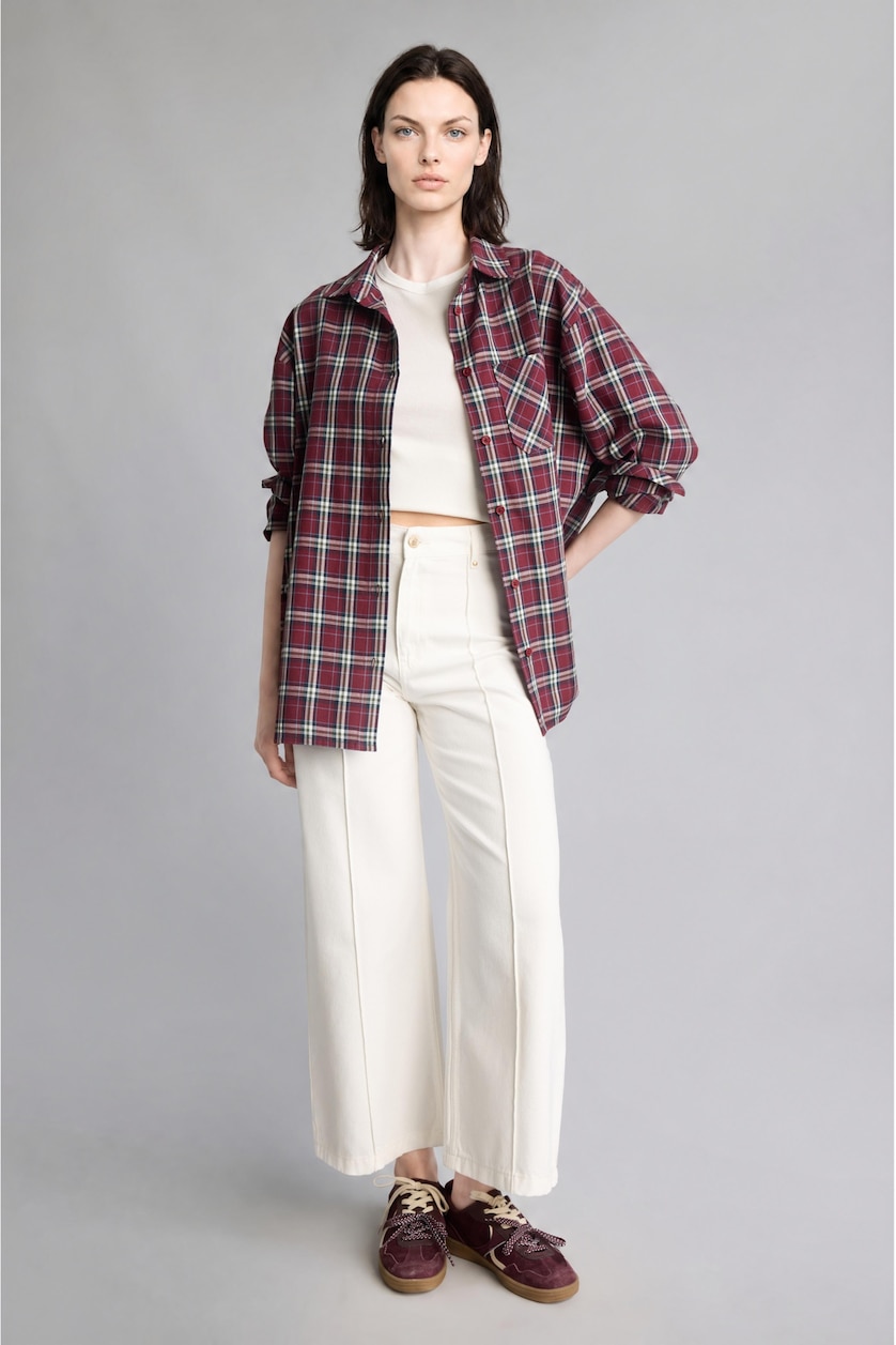 WOMAN Bordeaux Oversize Shirt Collar Checkered Pattern Flannel Shirt