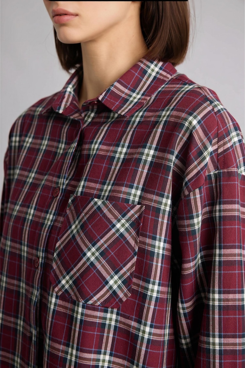 WOMAN Bordeaux Oversize Shirt Collar Checkered Pattern Flannel Shirt