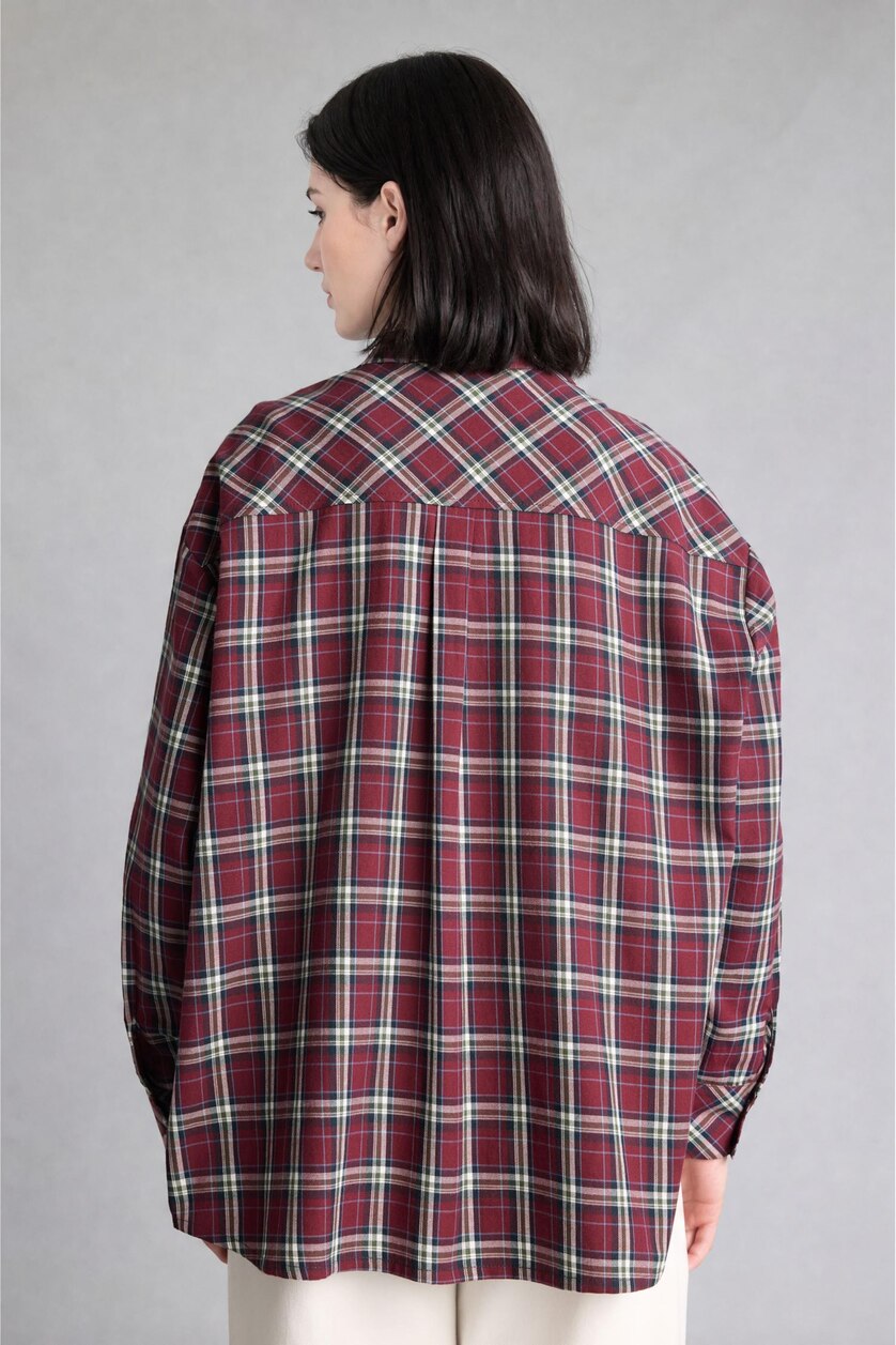 WOMAN Bordeaux Oversize Shirt Collar Checkered Pattern Flannel Shirt