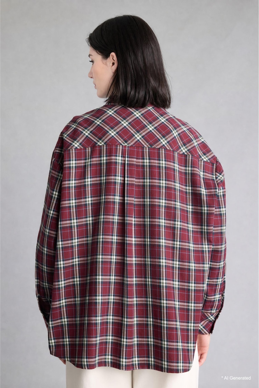 WOMAN Bordeaux Oversize Fit Checked Long Sleeve Flannel Shirt