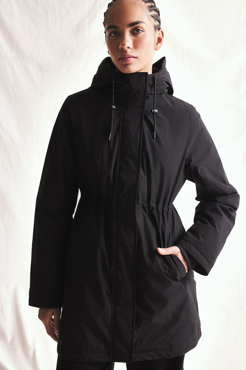 Woman Black Regular Fit Waterproof Long Jacket