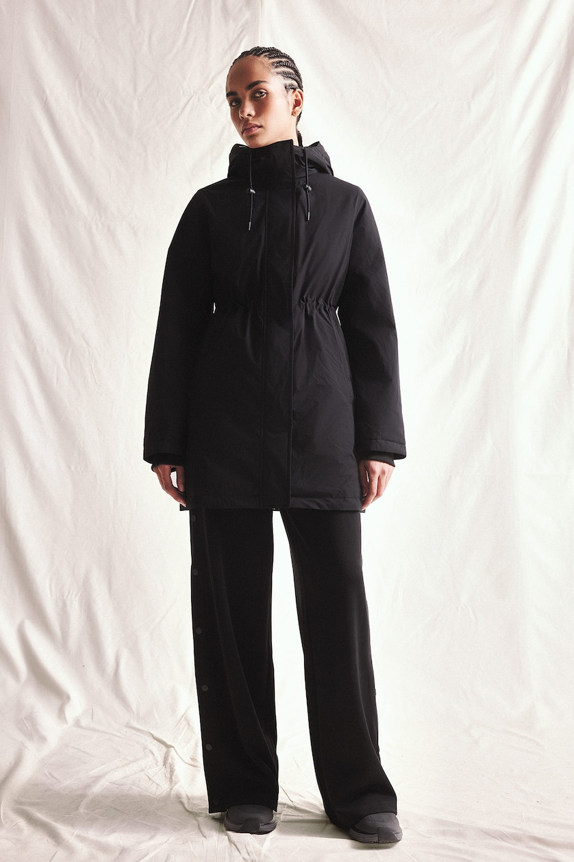 Woman Black Regular Fit Waterproof Long Jacket