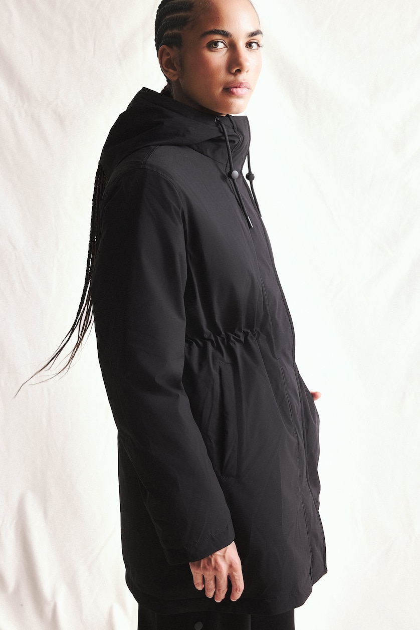 Woman Black Regular Fit Waterproof Long Jacket
