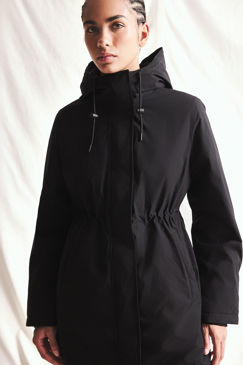 Woman Black Regular Fit Waterproof Long Jacket