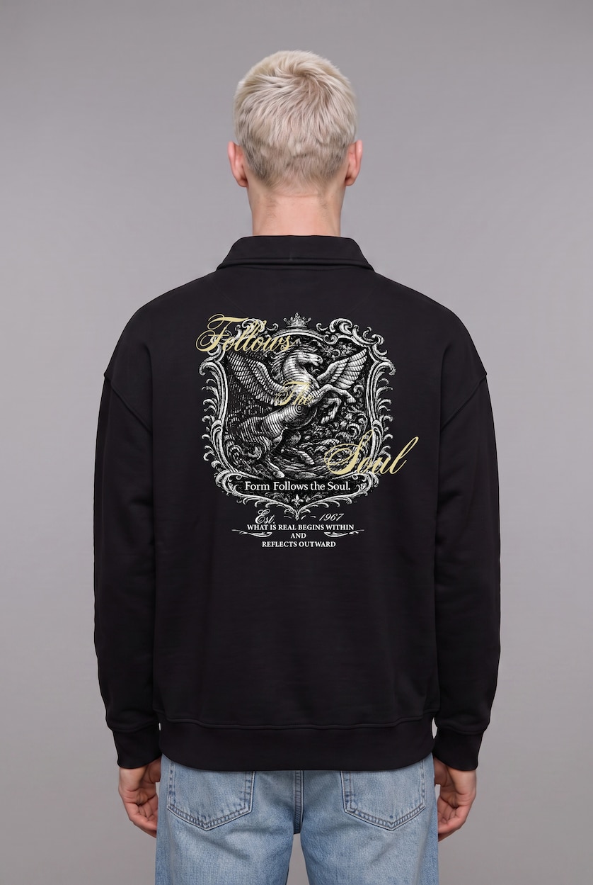 MAN Black Boxy Fit Embroidered Basic Long Sleeve Polo Collar Sweatshirt