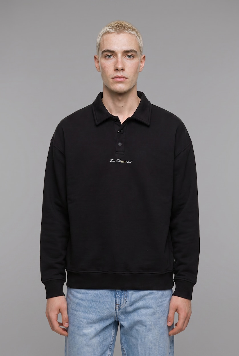 MAN Black Boxy Fit Embroidered Basic Long Sleeve Polo Collar Sweatshirt