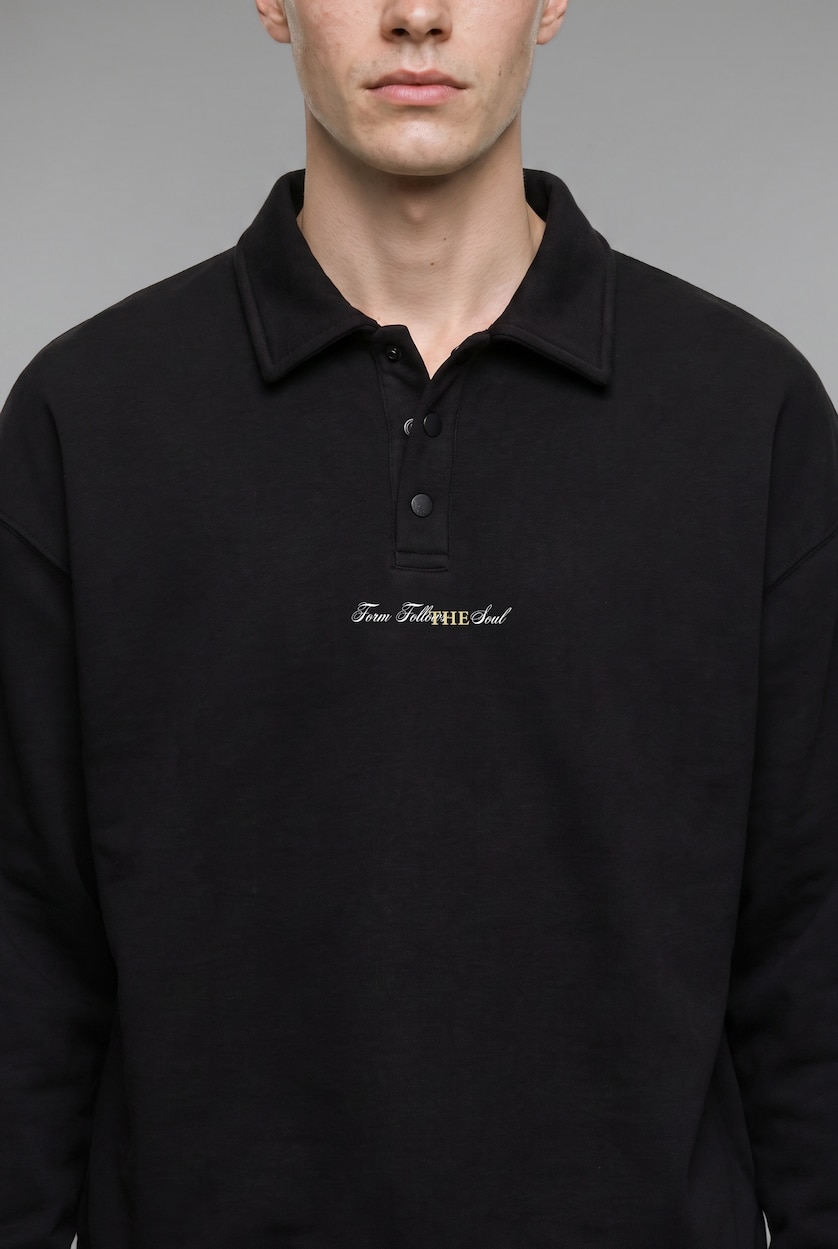 MAN Black Boxy Fit Embroidered Basic Long Sleeve Polo Collar Sweatshirt