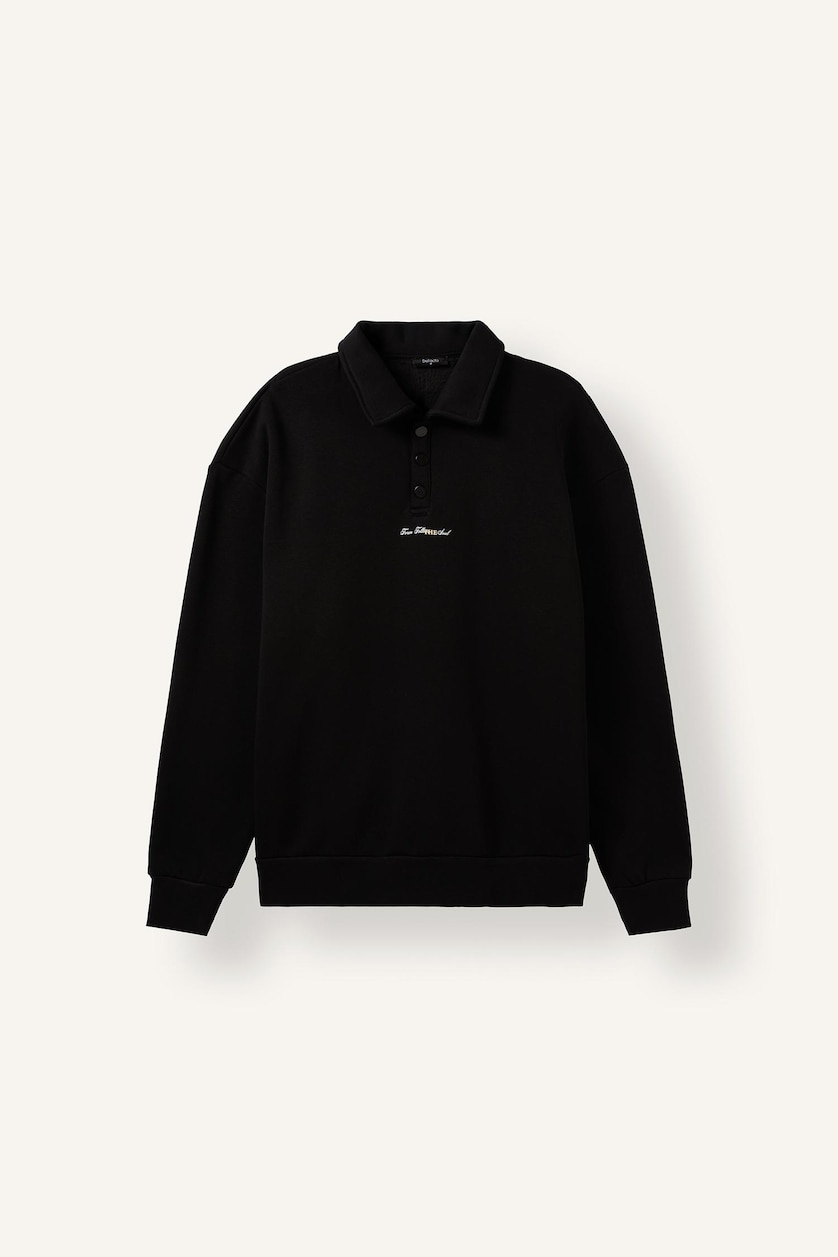 MAN Black Boxy Fit Embroidered Basic Long Sleeve Polo Collar Sweatshirt